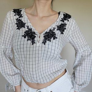 White & Black Thin Plaid Floral Embroidered Top w/ Bead and Tie Detailing